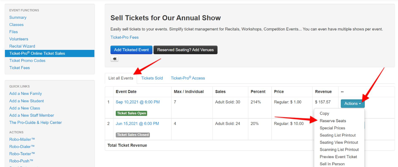 Ticket sales management interface screenshot.