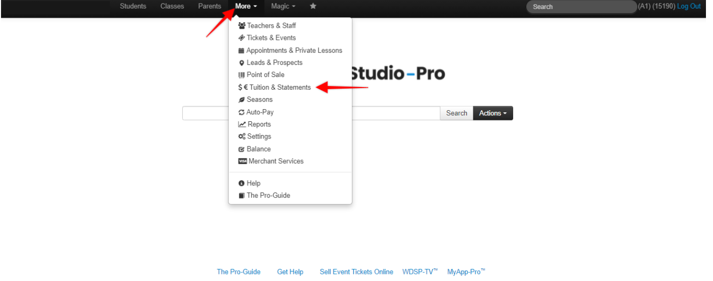 Dropdown menu with tuition option highlighted.