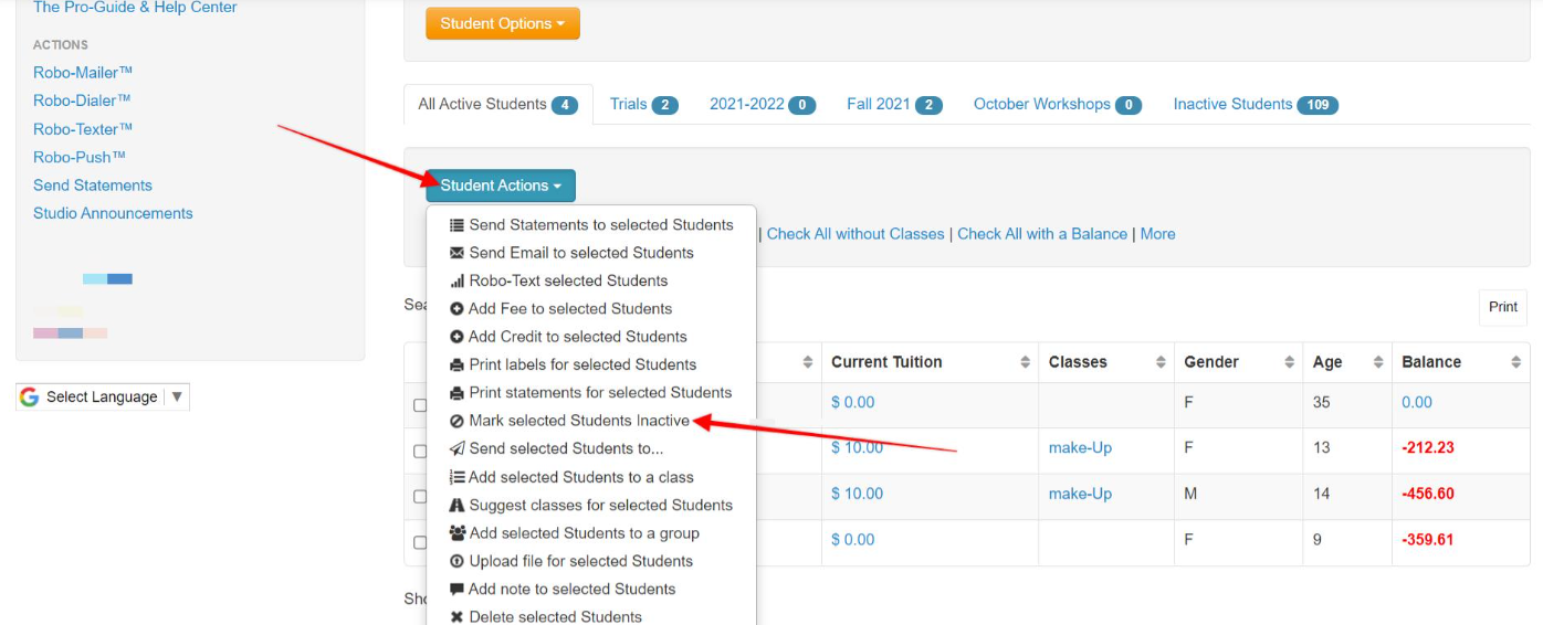 Student actions dropdown menu on a webpage.
