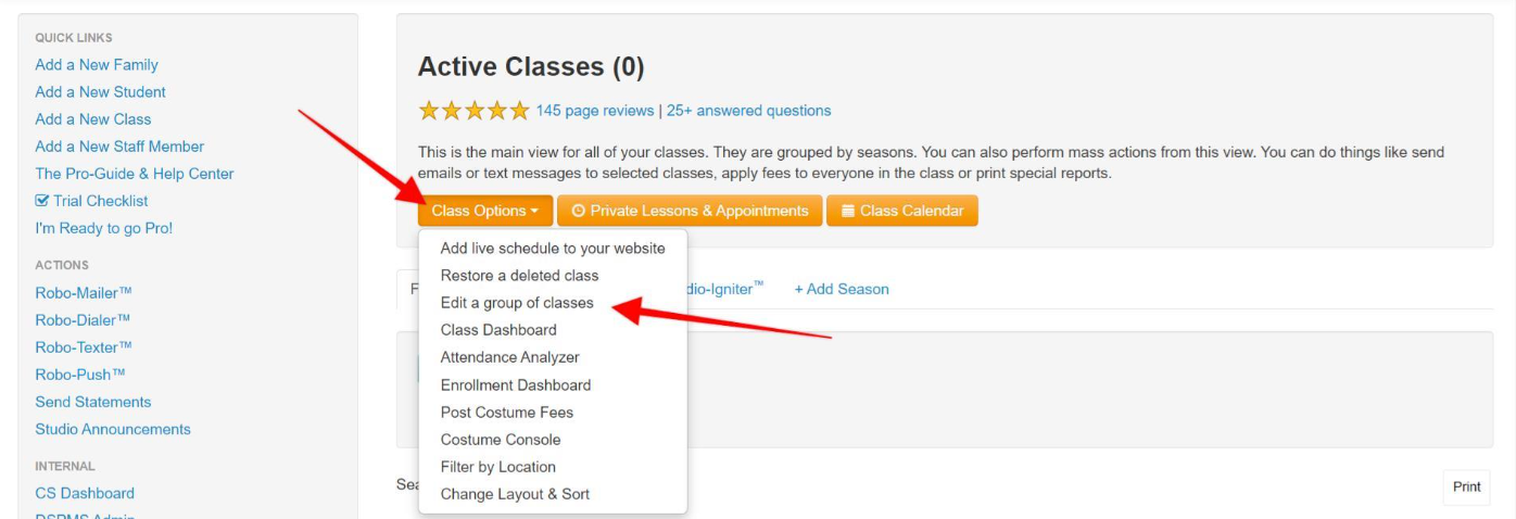Class options dropdown menu on a webpage.