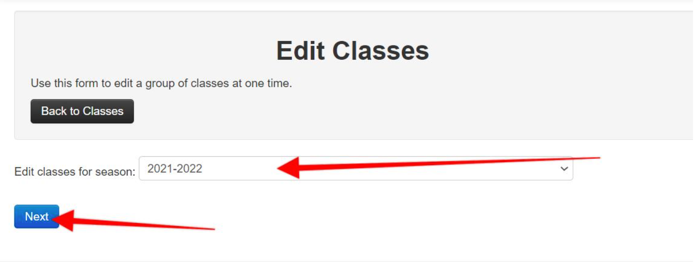 Edit Classes" form with season dropdown.