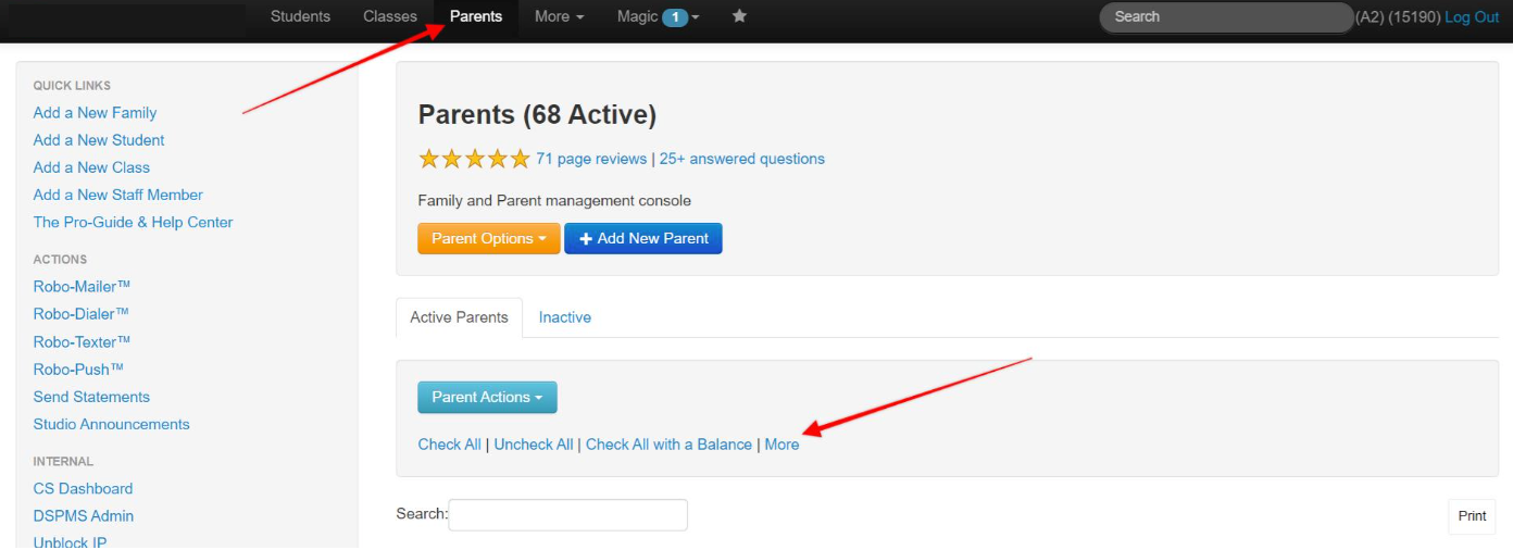 Parent management console interface.