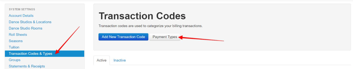 Transaction Codes settings page