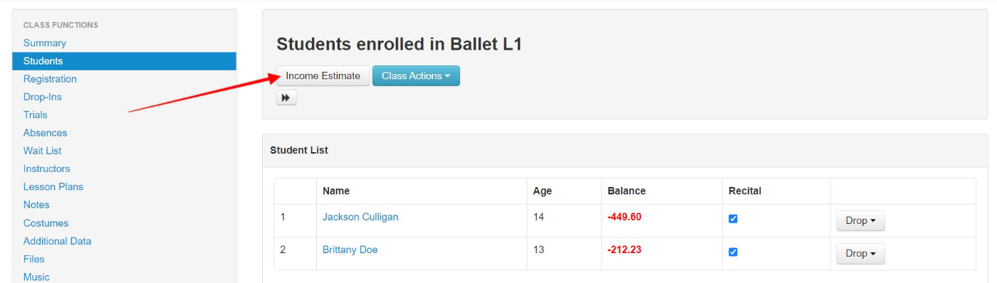Student list for Ballet L1 class