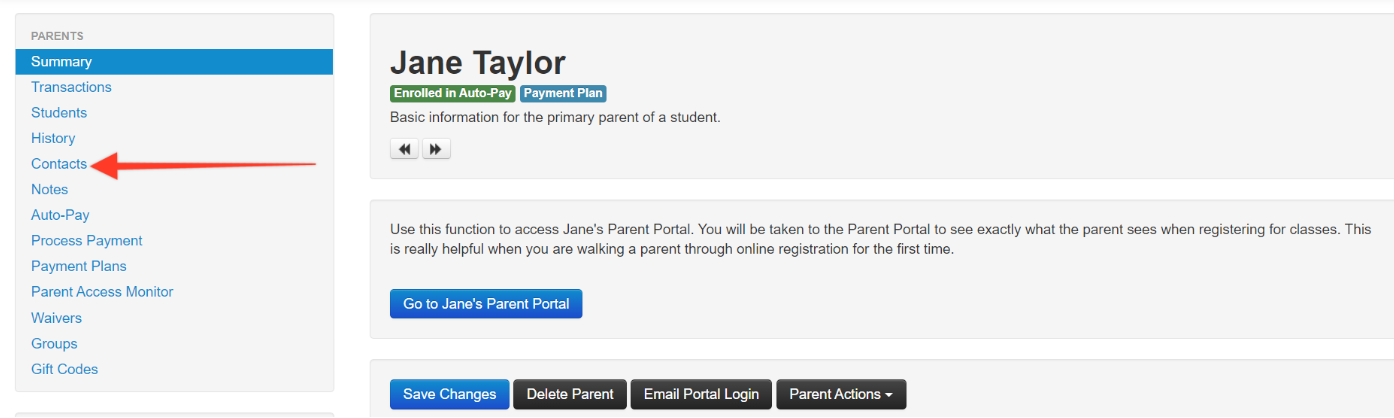 Parent portal interface with navigation menu.