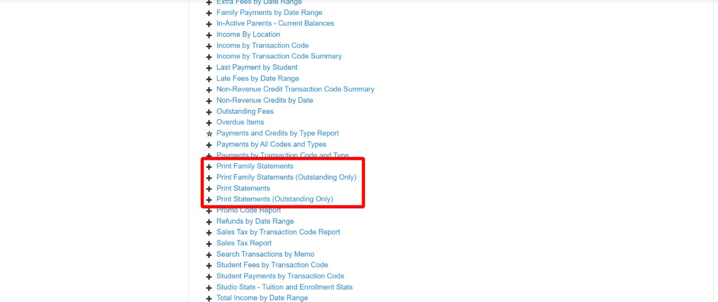 Print Family Statements options highlighted.