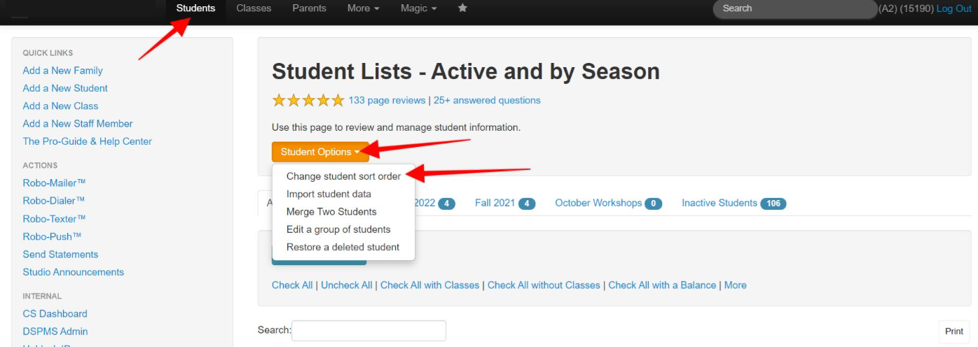 Student management options menu highlighted