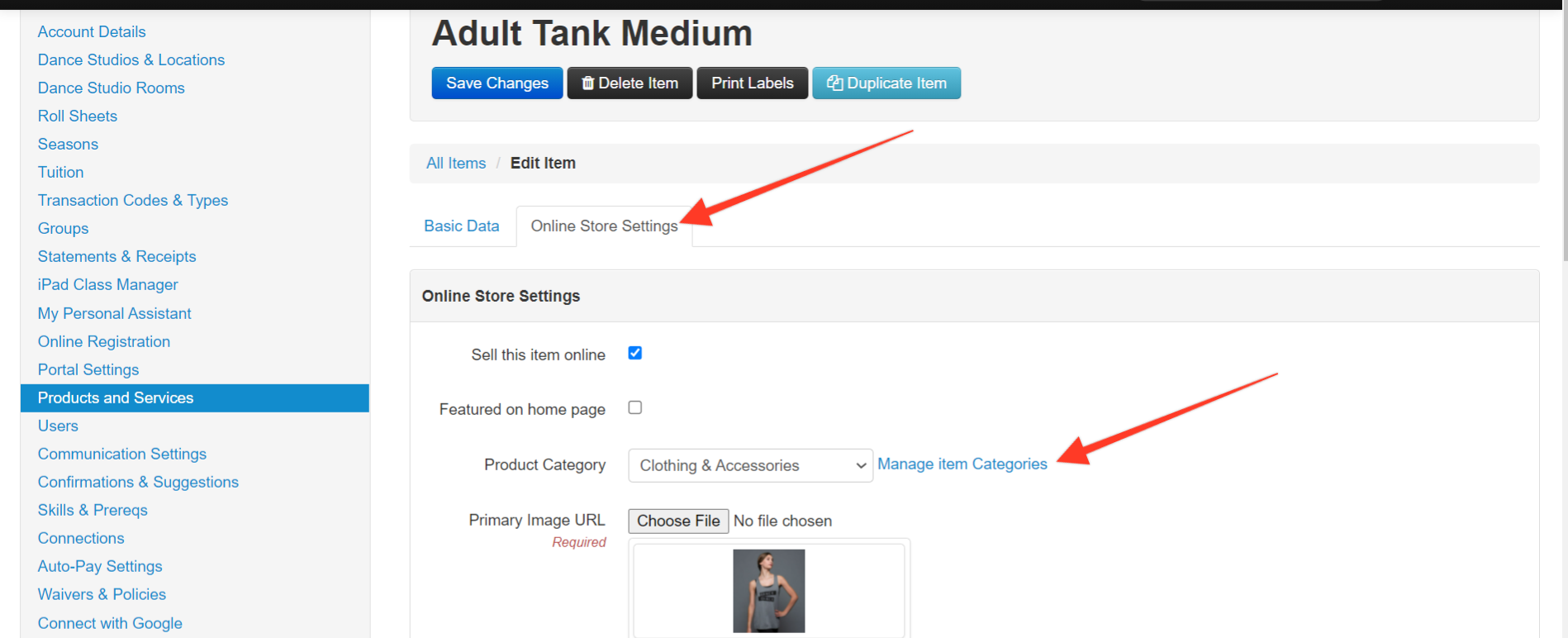 Online store settings for adult tank top.