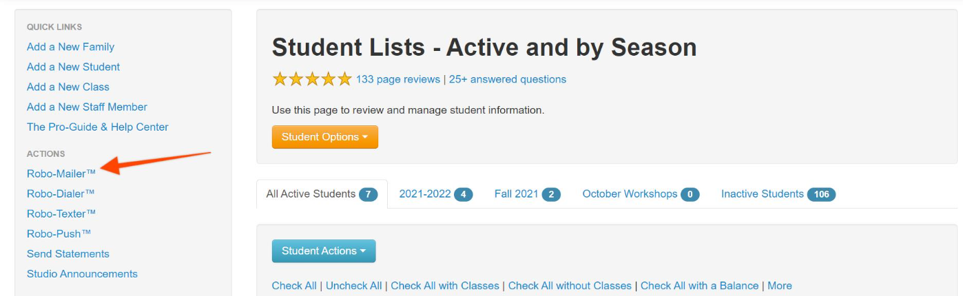 Student Lists management page interface