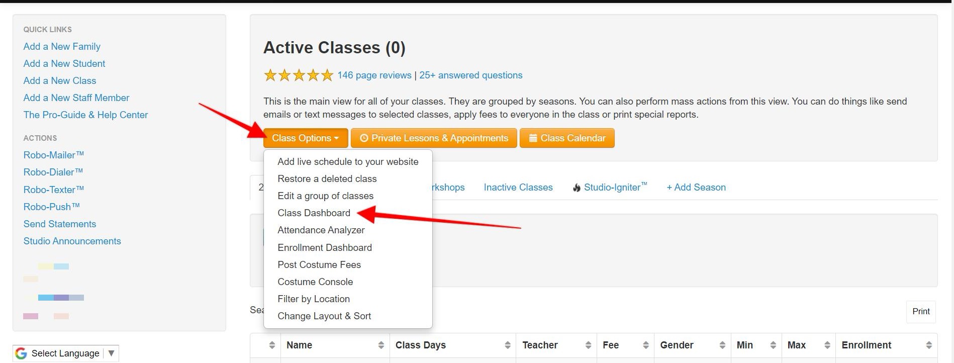 Class Options" dropdown menu highlighted.