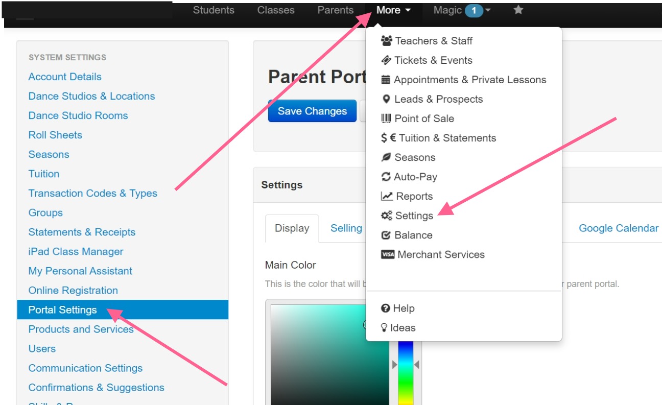 Settings menu with highlighted options