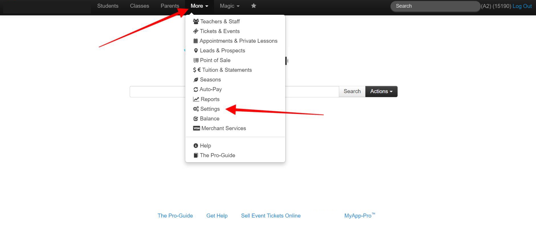 Dropdown menu with settings option highlighted.