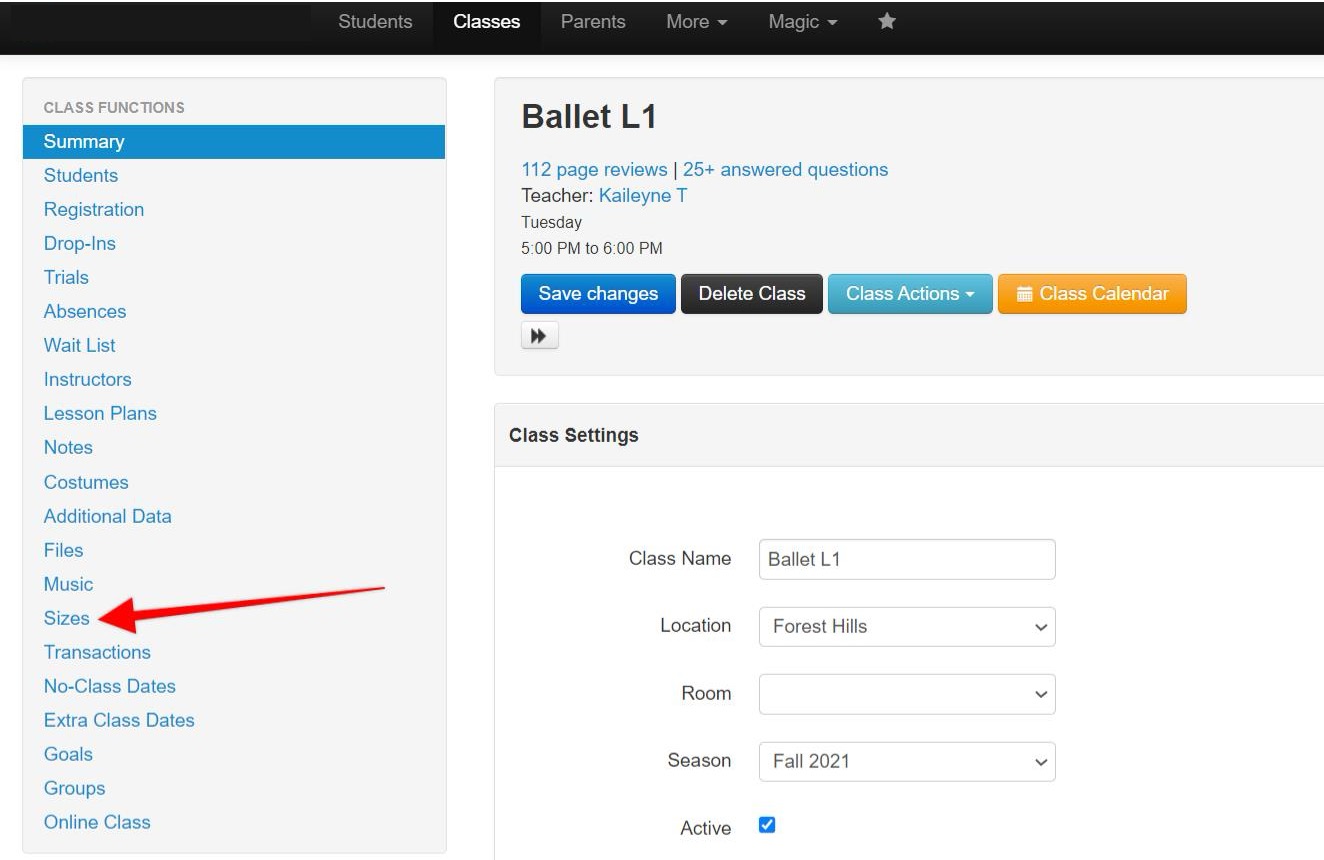 Ballet L1 class settings interface