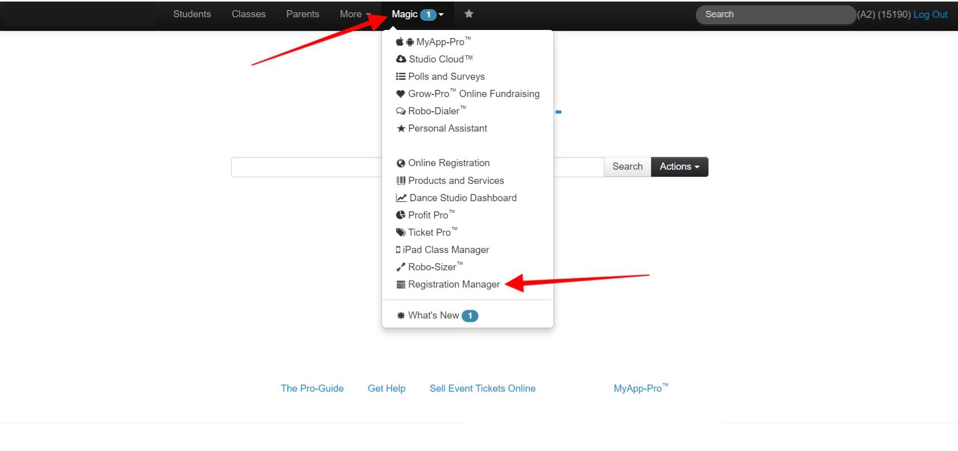 Dropdown menu with various options.