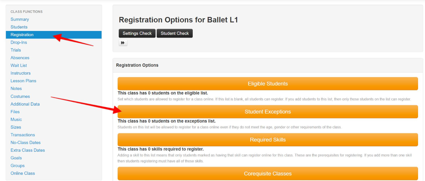 Registration options for Ballet L1 class