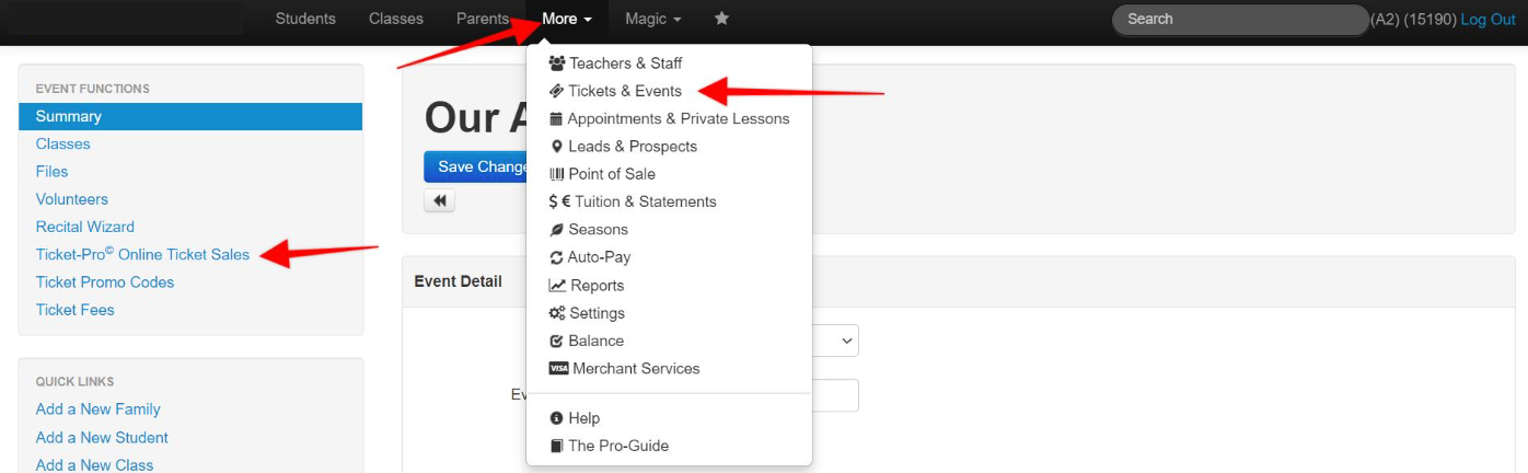 Website menu with dropdown options