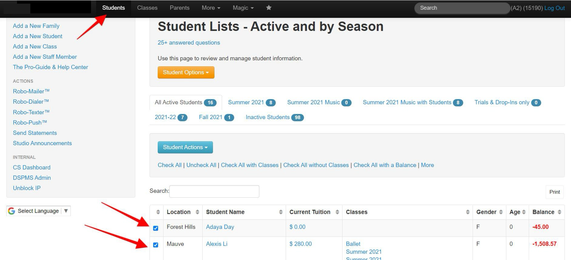 Student management dashboard interface
