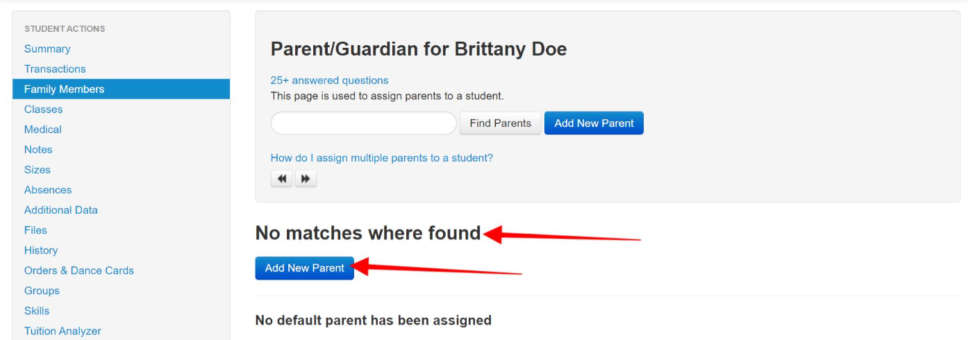 Add New Parent" button on a webpage.