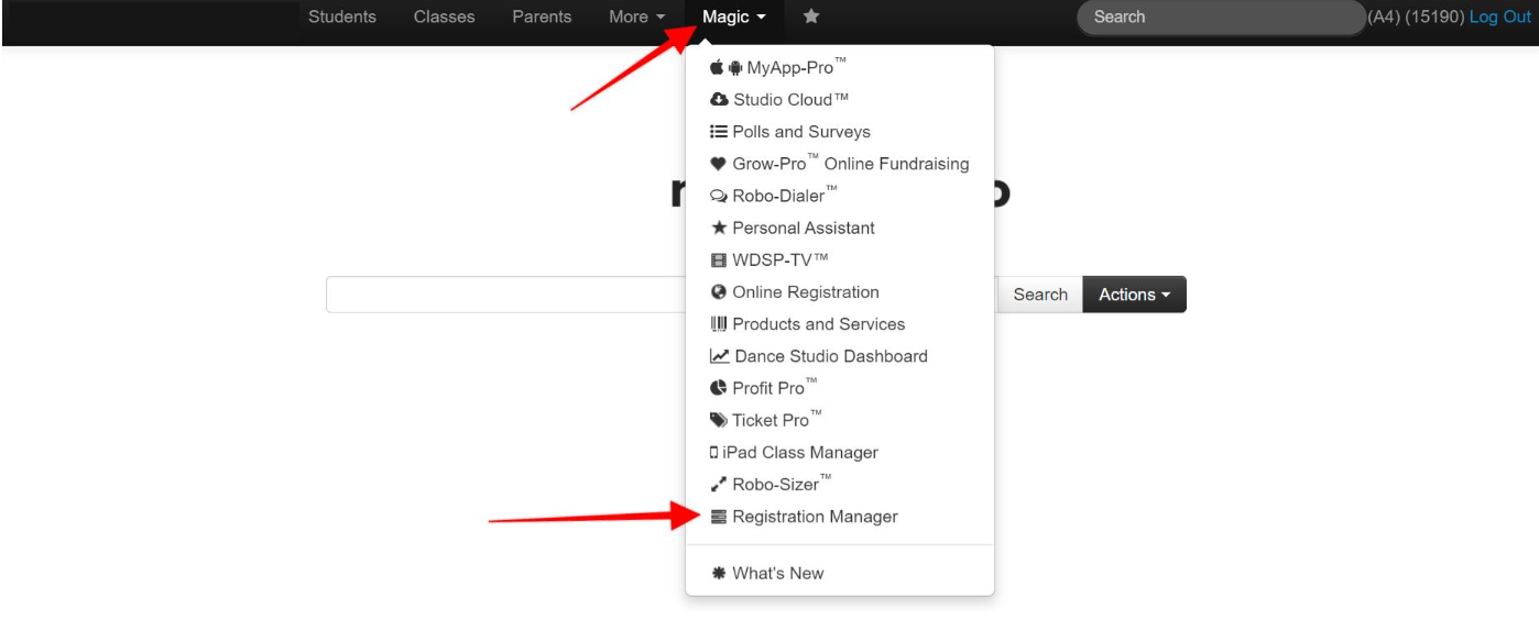 Dropdown menu with various software options.