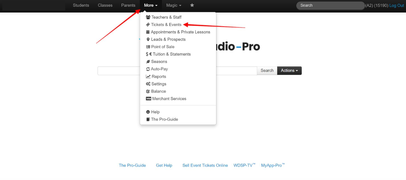 Dropdown menu with various options.