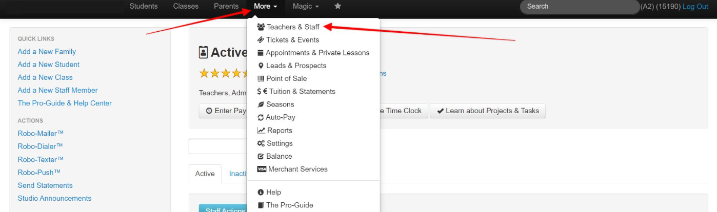 Dropdown menu under 'More' tab.