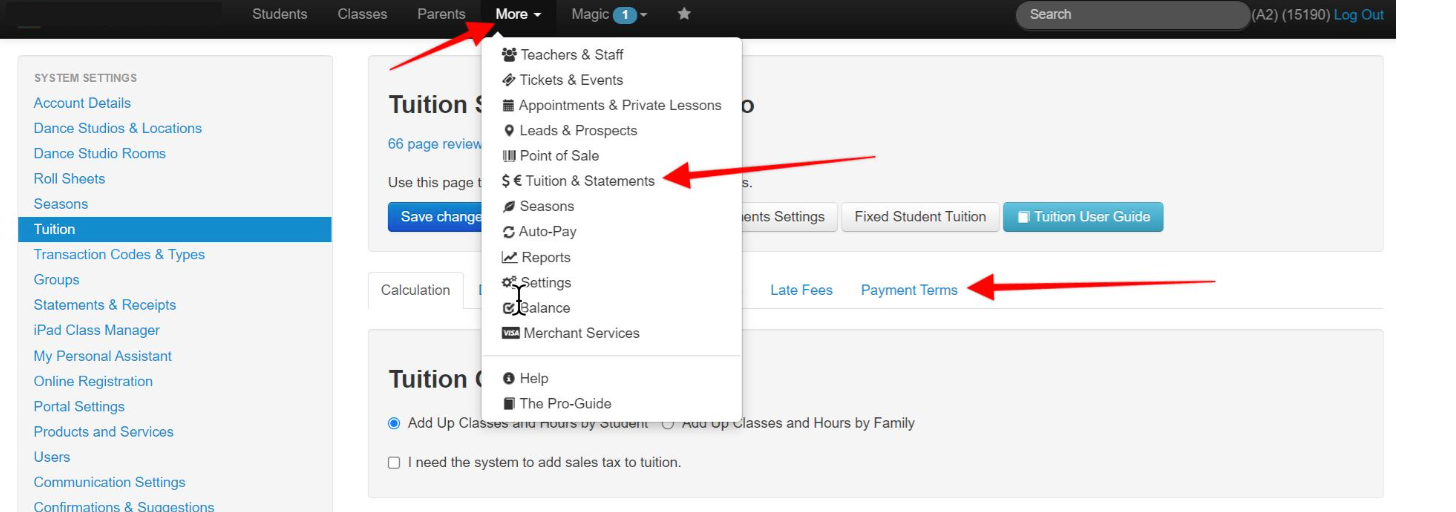 Tuition settings menu with dropdown options.