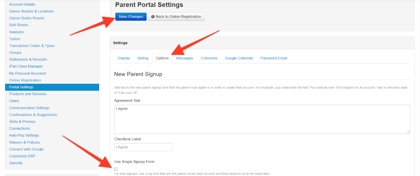 Parent Portal Settings page with options.
