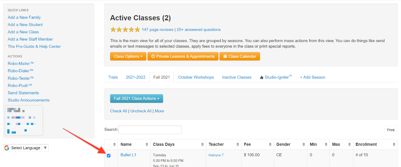Active Classes dashboard with class details.