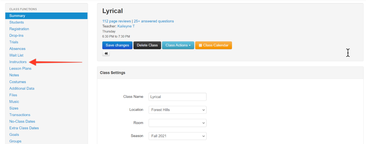 Class management interface screenshot