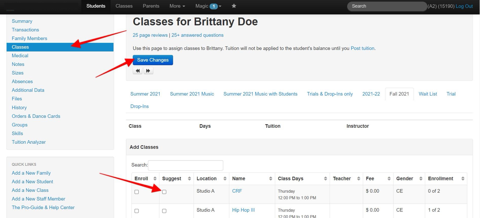 Class enrollment page interface