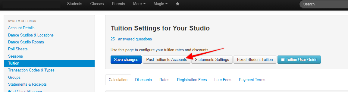 Tuition settings page with menu options.