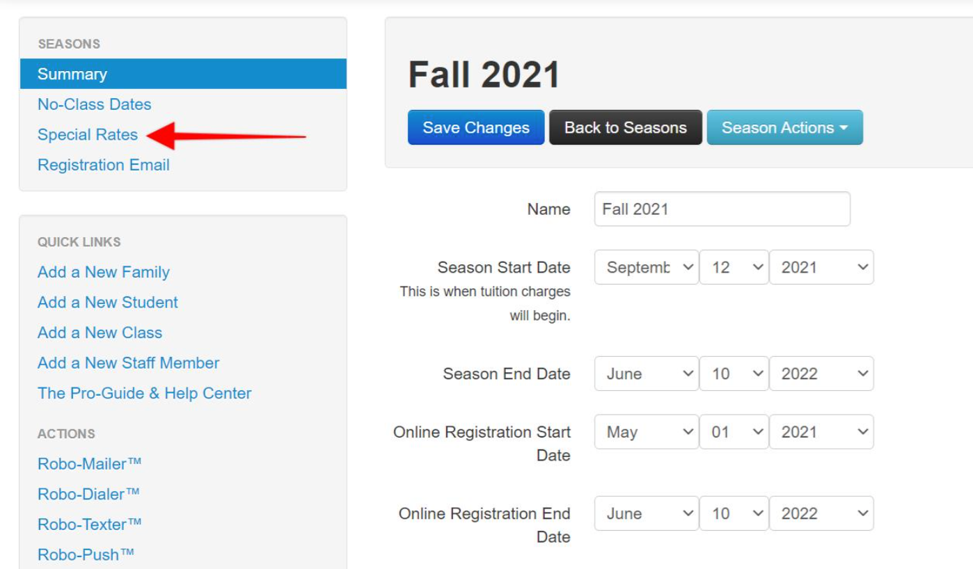 Fall 2021 season registration details page.