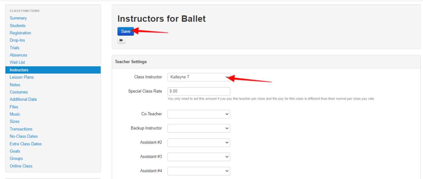 Ballet instructor settings interface