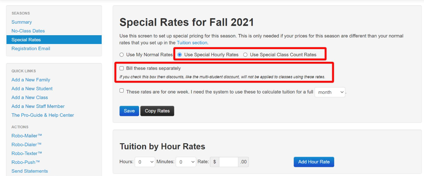 Special Rates for Fall 2021 settings page