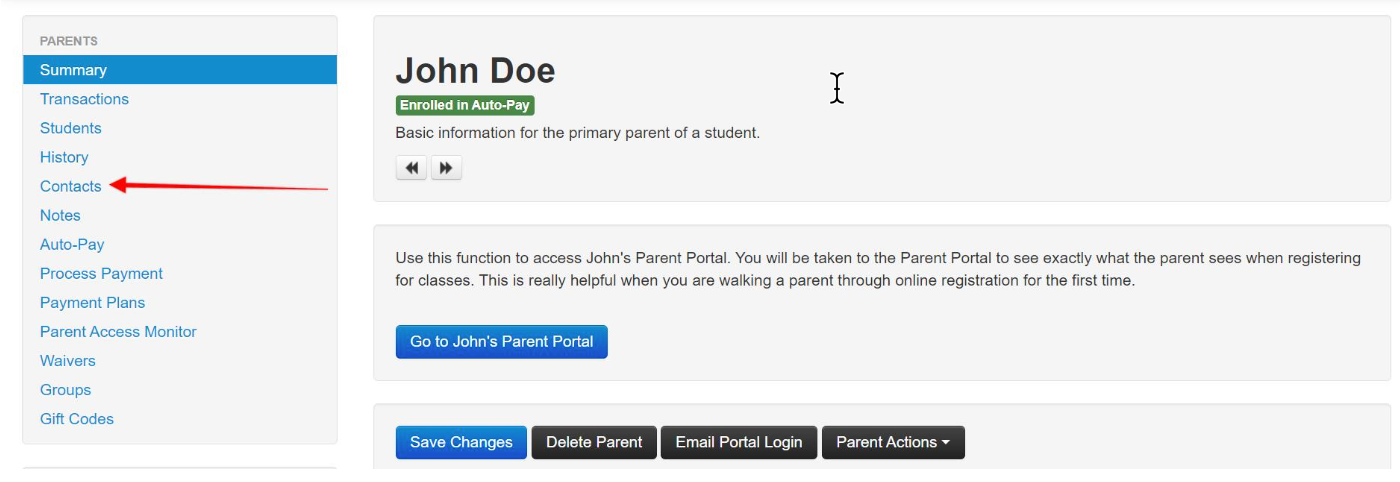 Parent portal interface with contact menu highlighted.