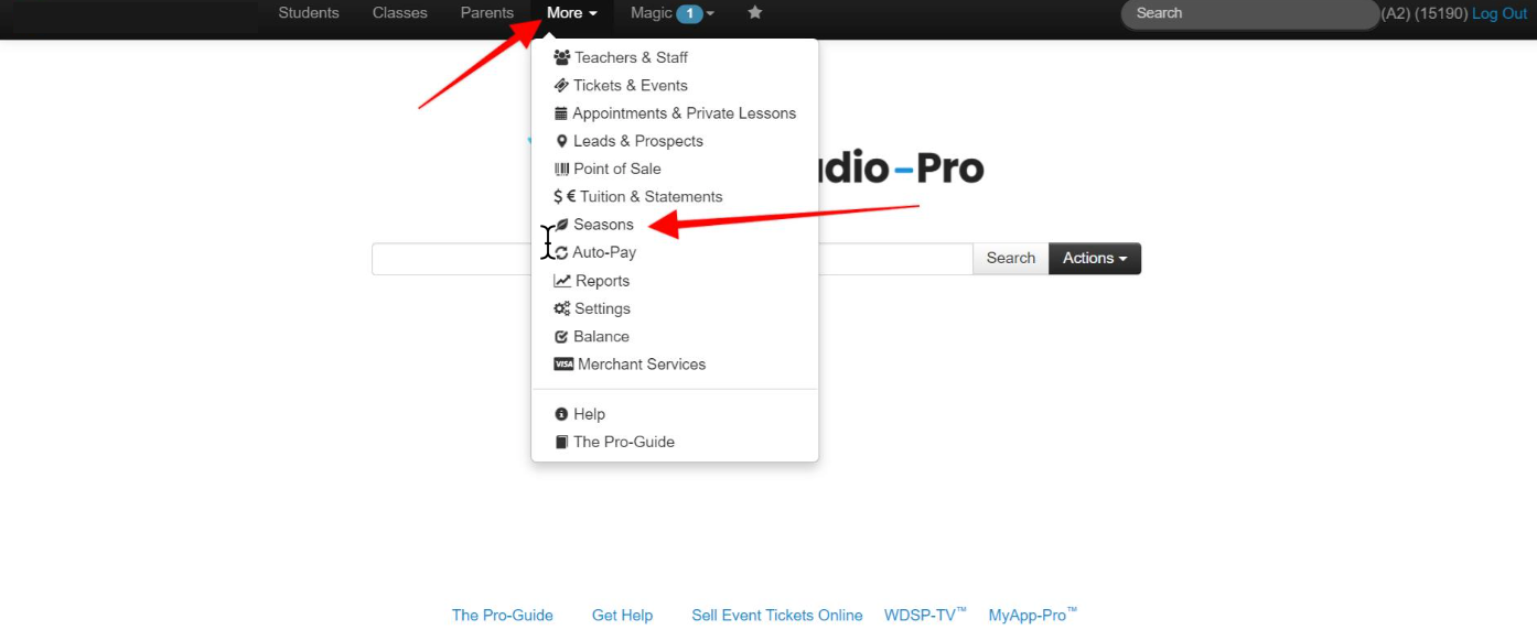 Dropdown menu with 'Seasons' highlighted.