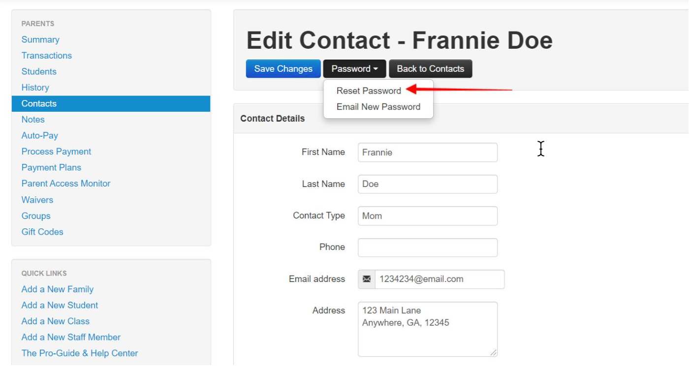 Edit Contact page with password options.
