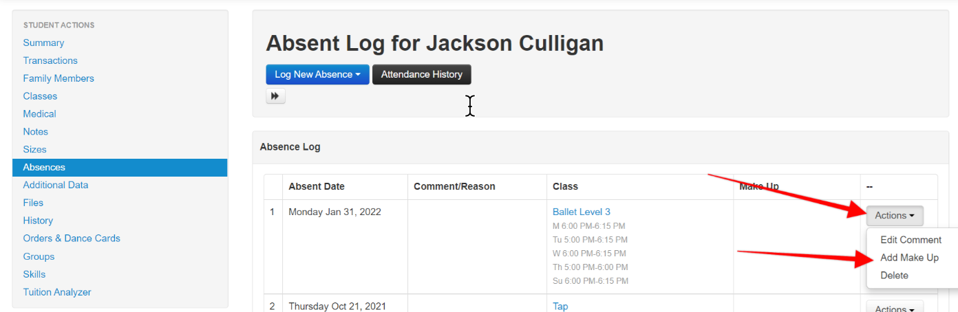 Absence log interface with action menu.