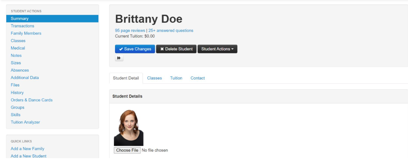 Student profile page interface.