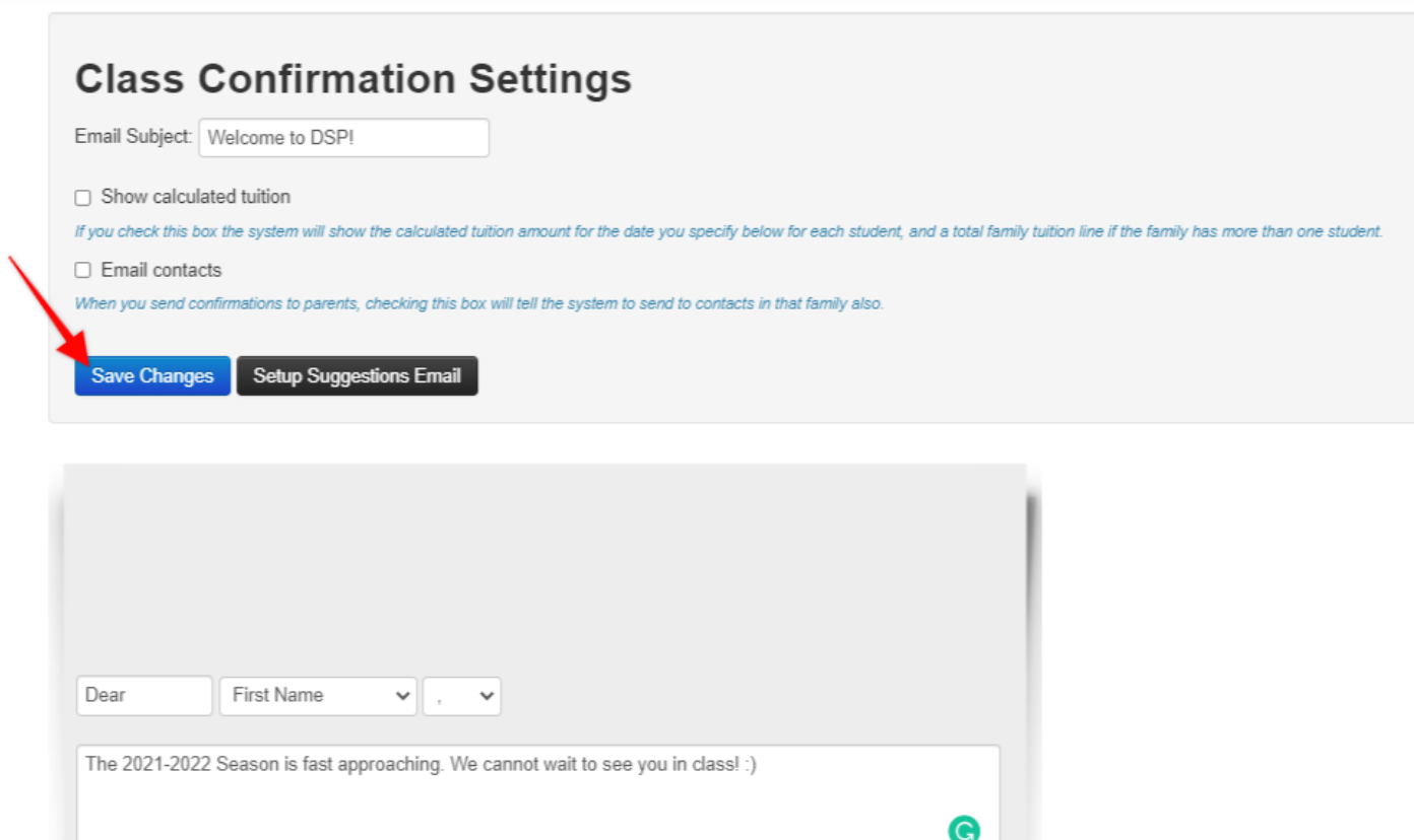 Class Confirmation Settings screen