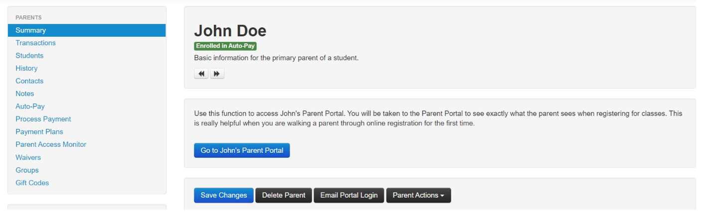 Parent portal summary page interface.