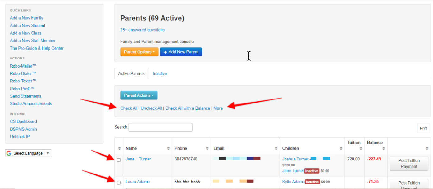 Parent management console interface