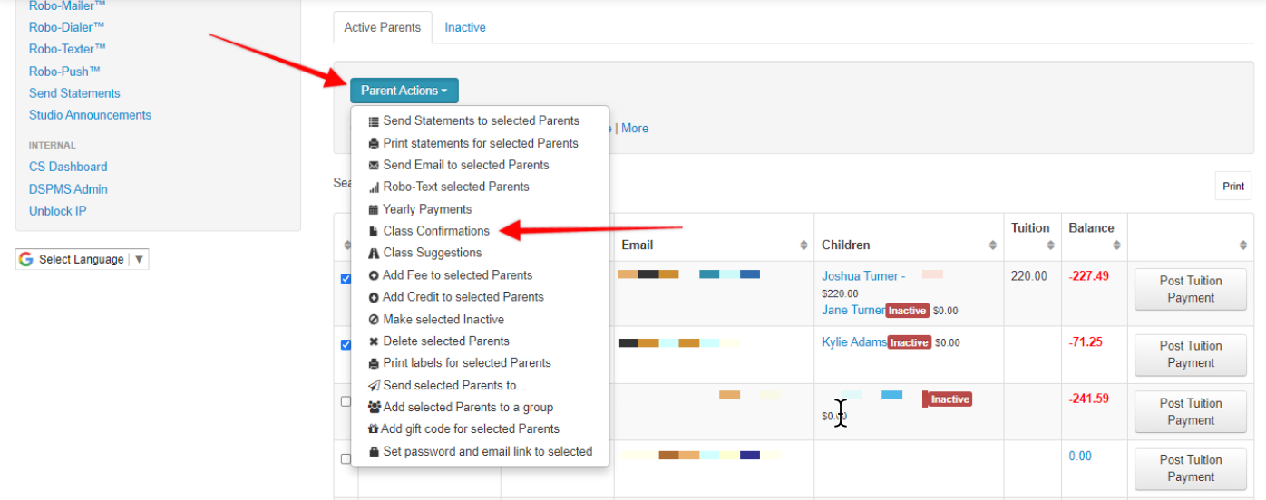 Dropdown menu with parent actions options.