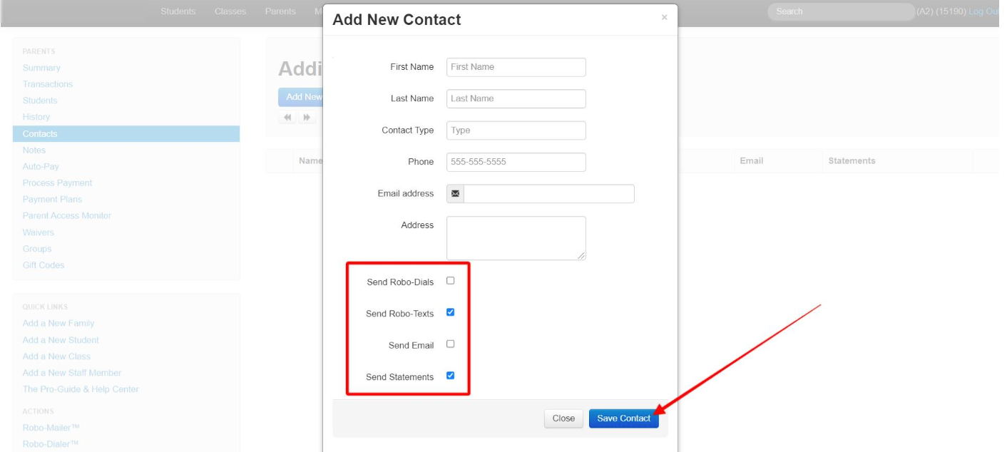 Add New Contact form with options selected.