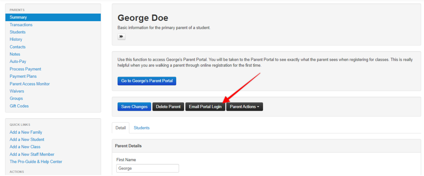 Parent portal interface with action buttons.