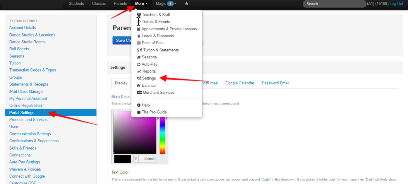 Portal settings menu with dropdown options.