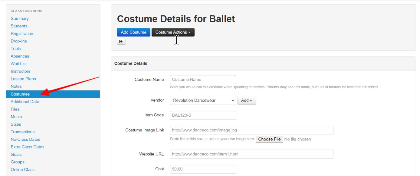 Costume details form for ballet class
