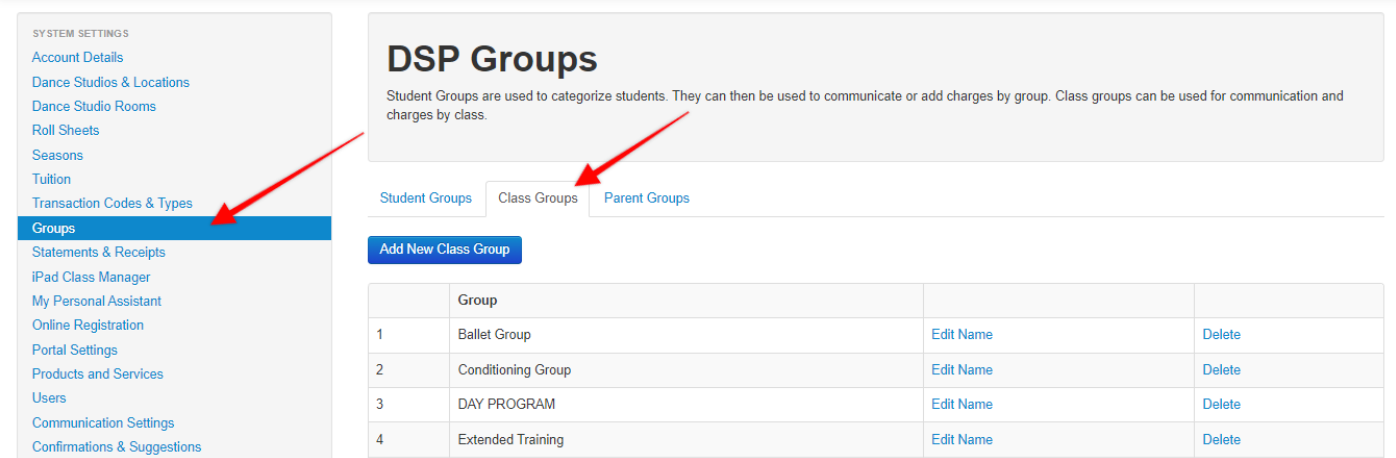 Class groups management interface