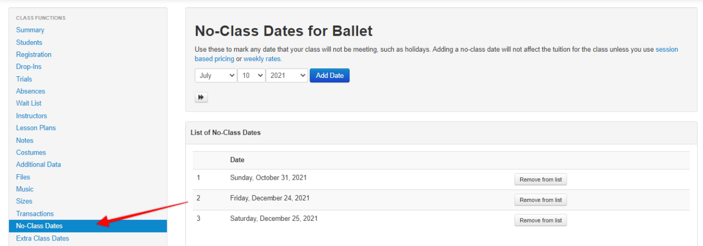 No-Class Dates for Ballet interface.