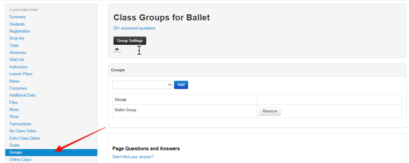 Ballet class group settings page